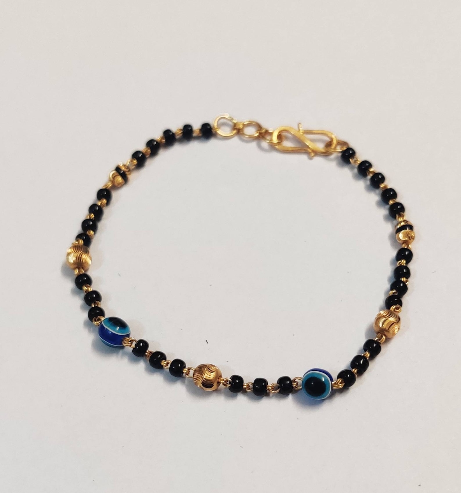 22k Gold Beaded Bracelet Evil Eye Gold Bracelet Black Beads Etsy