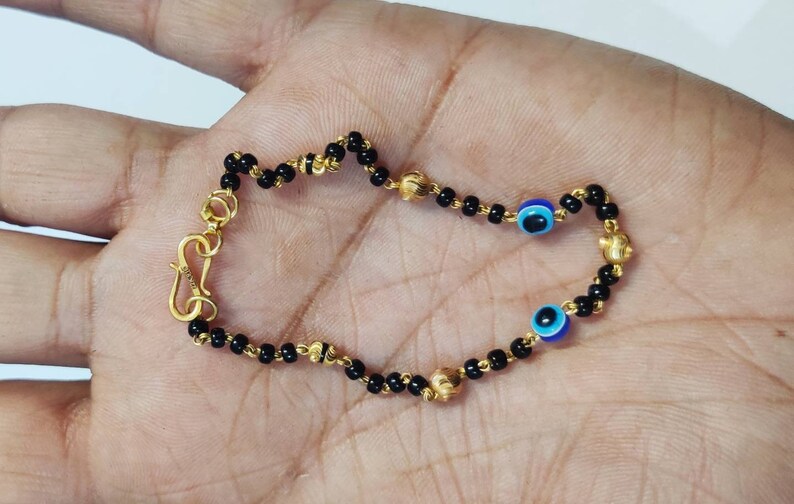 22k Gold Beaded Bracelet Evil Eye Gold Bracelet Black Beads Etsy