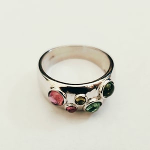 US:7 Multi Tourmaline Silver Ring, Pink Tourmaline Ring, Green Tourmaline Ring, Gemstone Ring, Promise Ring, Birthday Gift, Christmas Gift.