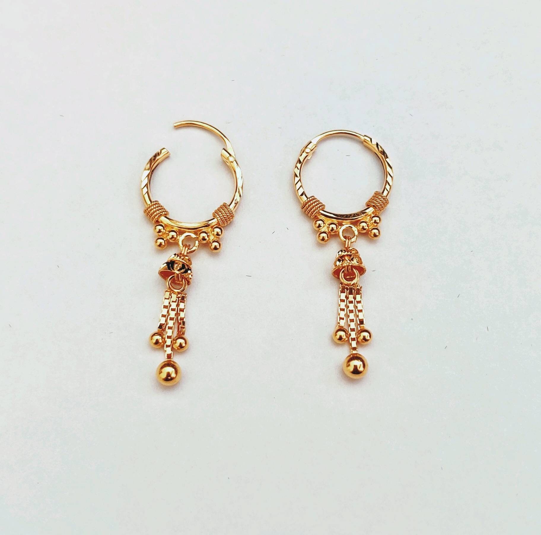 22k Gold Hoops With Dangling Chain Solid Gold Hoops Etsy