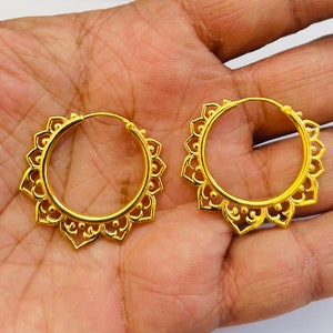 18k Solid Gold Lotus Earrings, Tiny Gold Hoops, Indian Gold Hoops,  Gold Earrings, Solid Gold Hoops,Indian Gold Hoops,Classic Gold Earrings