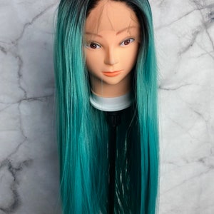 Black Rooted Green Wigs | Lace Front Wig| Ombre Green Wigs |Green Hair With Black Roots Wigs