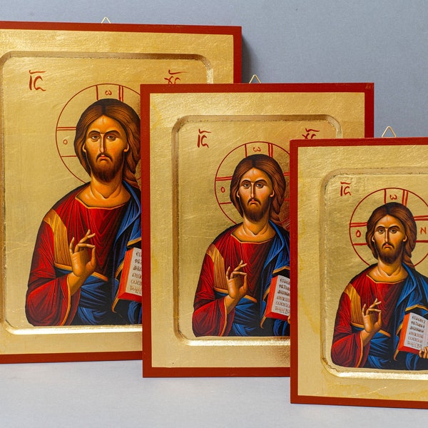 Icon of Jesus Christ Blessing- Byzantine icon of our Lord , art wall hanging on wood plaque amazing idea for orthodox gift.