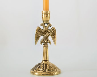Brass Candlestick Candle Holder with Byzantine  Double-headed eagle Hand made brass candle holder  a perfect Christian  Gift