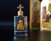 Holy Water Glass Bottle (rounded corners) With metal colored Gold Theotokos Icon and screw cap with cross Orthodox Gift