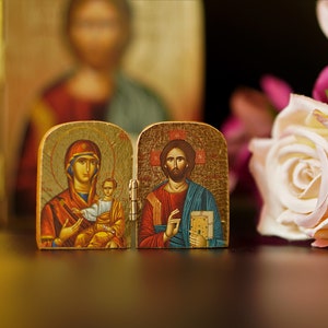 Tweeluik klein houten icoon met de Jezus Christus de Heilige Theotokos, Grieks-orthodox icoon, woondecoratie, orthodox geschenk