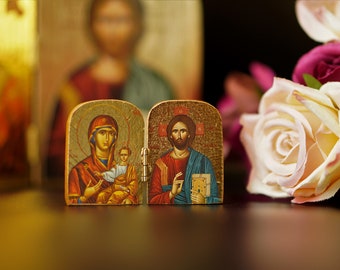 Diptychon kleine hölzerne Ikone mit dem Jesus Christus der Heiligen Theotokos, griechisch kyrillische Ikone, Home Decor, orthodox Geschenk