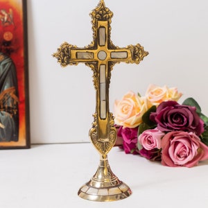 Standing Brass Altar Cross radiates a brilliant shine Adorned with mother-of-pearl -  Altar Table - Home Decor  a perfect Christian Gift