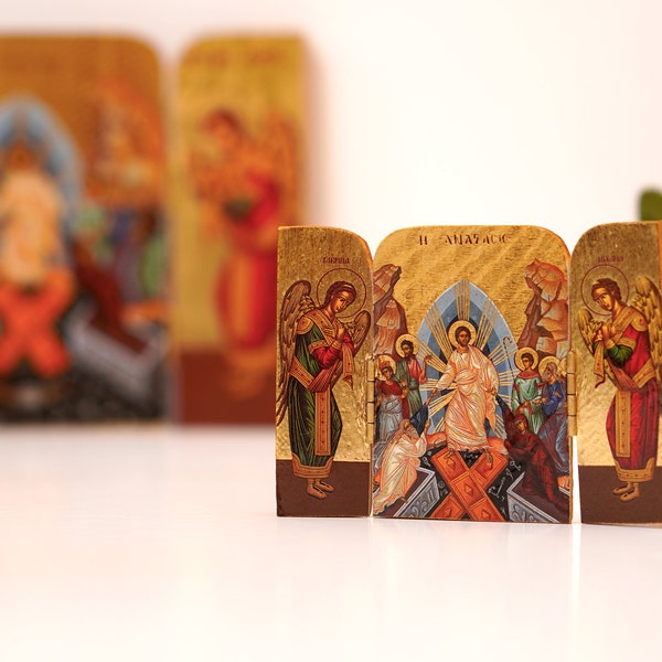 Triptych small  wooden Icon with the  Resurrection of Jesus Christ and Archangels, Greek Orthodox Icon , Home Decor,Orthodox Gift