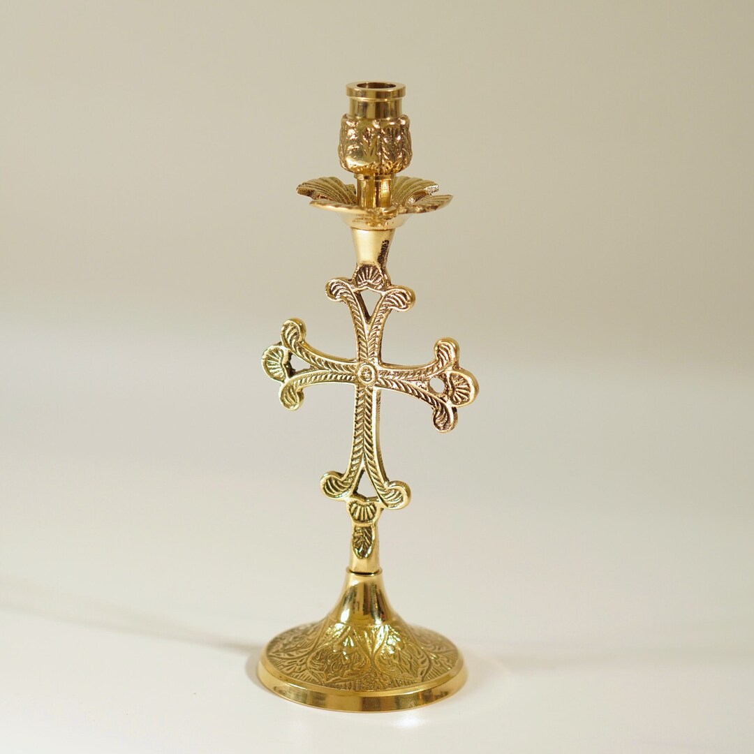 Brass Carved Candlestick Candle Holder With Cross Hand Made Etsy