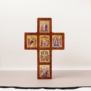 The Life of Jesus cross decorated with high quality iconographic silkscreens with hagiographic gold depicting, on Cross carved wood