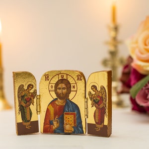 Triptych small  wooden Icon with  the Jesus Christ (Pantocrator) and Archangels, Greek Orthodox Icon , Home Decor,Orthodox Gift