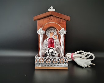 Traditional Orthodox  Wooden electric candle with icon and Lamp 7W Coloured Silver Plated Decor Home Decor Wall a perfect Christian  Gift