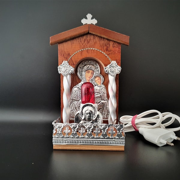 Traditional Orthodox  Wooden electric candle with icon and Lamp 7W Coloured Silver Plated Decor Home Decor Wall a perfect Christian  Gift