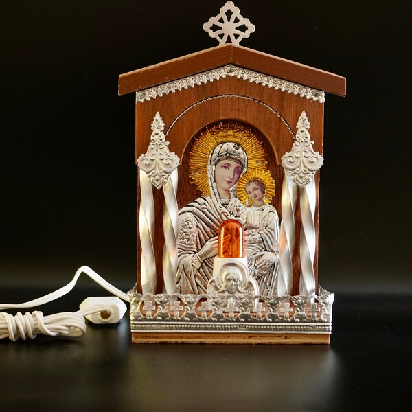 Traditional Orthodox  Wooden Brown (big) electric candle with icon and Bulp 7W Colored Silver Plated  Home Decor a perfect Christian  Gift