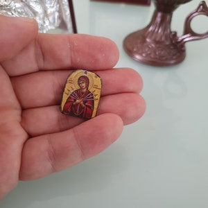 Tiny icon Virgin Mary Seven Swords 3pcs - Wood  Byzantine Christian  Tiny Orthodox Icon amazing idea to make orthodox Christians gifts