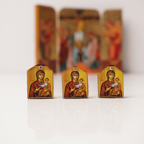 Tiny icons Virgin Mary  3pcs - Wood  Byzantine Christian  Tiny Orthodox Icon amazing idea to make orthodox Christians gifts