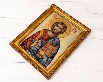 Icône orthodoxe brodée dans un cadre avec Jésus-Christ, art mural suspendu sur plaque de bois, idée incroyable pour un cadeau orthodoxe.