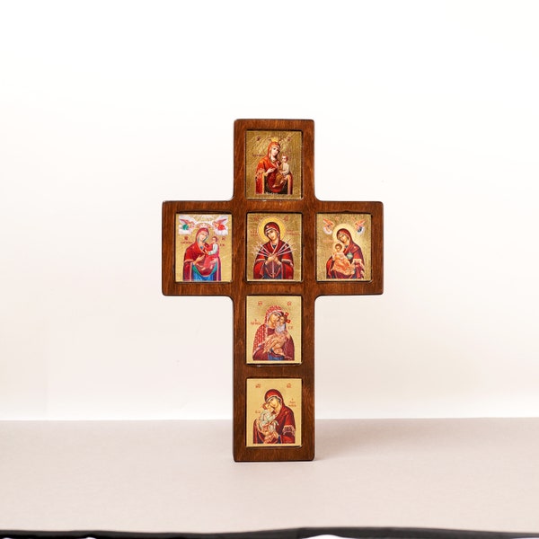 Virgin Mary,  in Cross Wooden multi-thematic 6 seat icon decorated with high-quality iconographic silk screens with hagiographic gold.