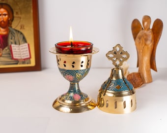 Standing Oil Lamps in Brass with Blue and Purple Enamel Coating  - Oil Vigil Lamp Brass -  Oil Lamp Holders - Oil Candle with Glass Cup .