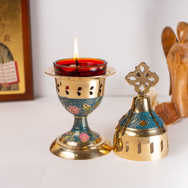 Standing Oil Lamps in Brass with Blue and Purple Enamel Coating  - Oil Vigil Lamp Brass -  Oil Lamp Holders - Oil Candle with Glass Cup .