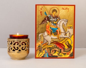 Saint George (Γεωργιος) the Great Martyr on horseback, Byzantine icon of our Lord , art wall hanging on wood plaque in Golden Leaf..