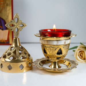 Brass Standing Oil Lamps with seashell  - Oil Vigil Lamp Brass - Oil Candle with Glass Cup Home Decor Wall a perfect Christian  Gift