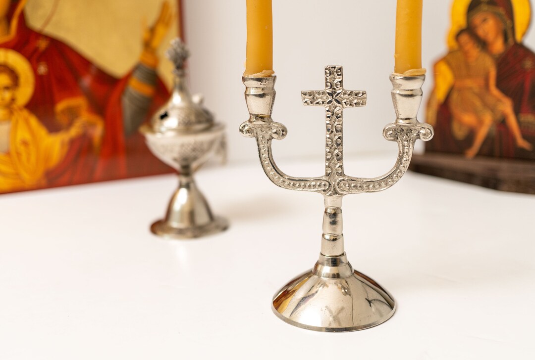 Brass Nickel Carved Double Candlestick Candles Holder With Cross Hand
