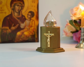 Golden LED Cross Memorial Grave Candle Remembrance Church Candle  flickering light which makes it more realistic