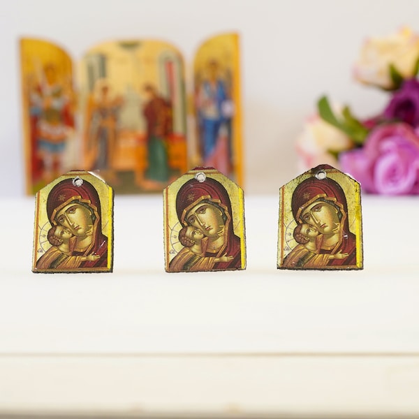 Tiny icon Virgin Mary  3pcs - Wood  Byzantine Christian  Tiny Orthodox Icon amazing idea to make orthodox Christians gifts