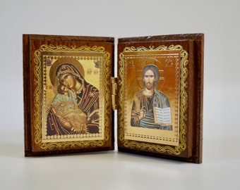 Diptych wood Orthodox Icon of Jesus Christ and Holy Theotokos , Greek Orthodox Icon Diptych, Father's Day , Home Decor,Orthodox Gift