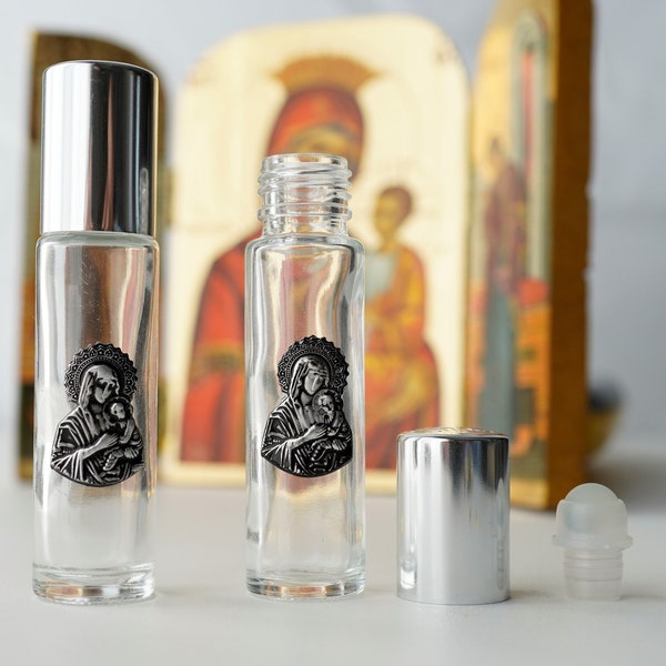 Holy Water Glass  Bottle 2pcs With roll on , metal Theotokos Icon and  screw cap with cross Orthodox Gift
