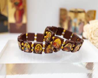 Holy Bracelet  - Bracelet with Holy Icons and colored Golden beads , Gift of faith, hope, love and healing to someone you care about