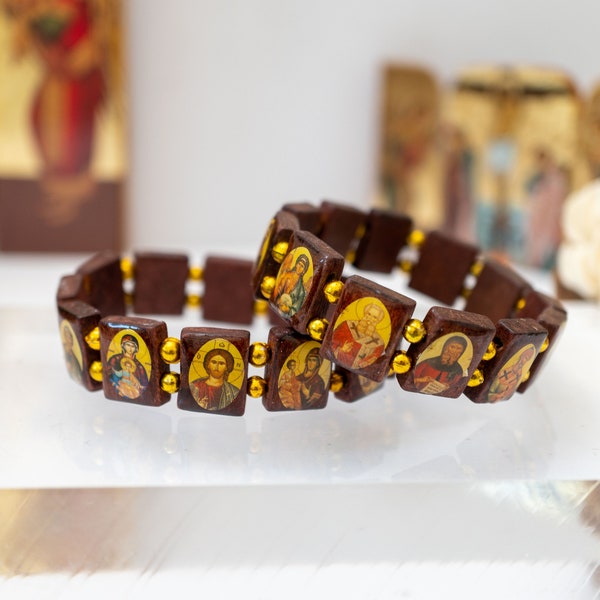 Holy Bracelet  - Bracelet with Holy Icons and colored Golden beads , Gift of faith, hope, love and healing to someone you care about