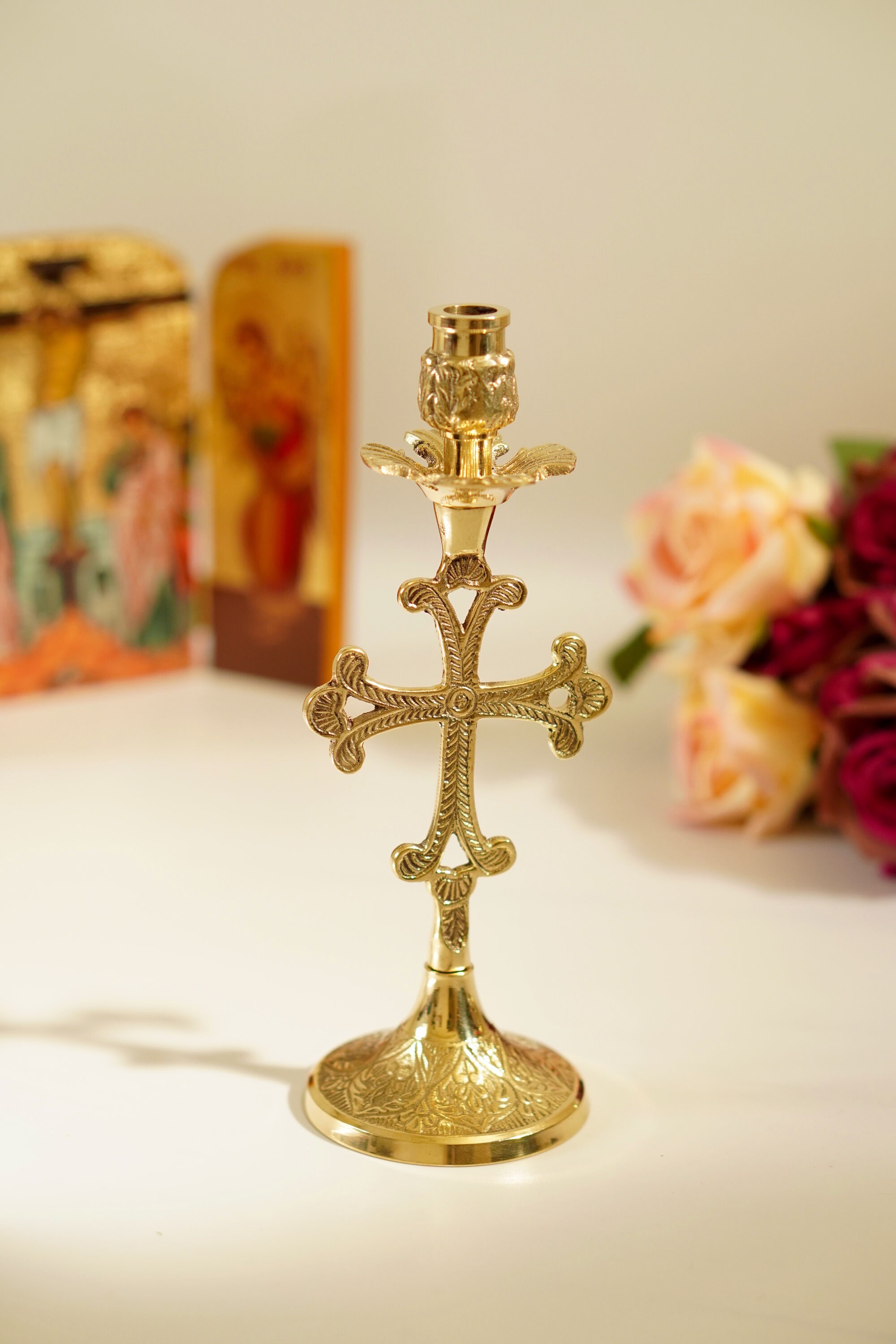 Brass Carved Candlestick Candle Holder With Cross Hand Made Etsy