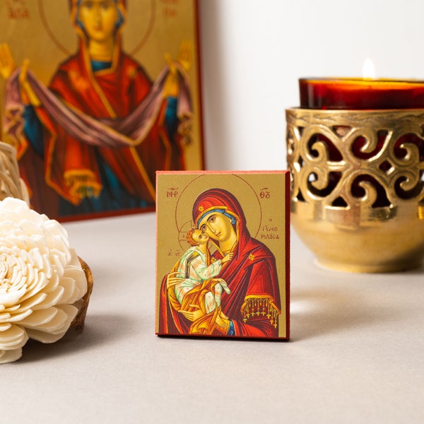 Small Wooden Orthodox icon with amazing details of Virgin Mary (Sweet kiss) In Golden leaf, wall hanging in a gift box ready to give.
