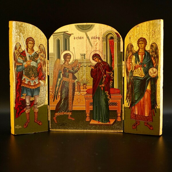 Triptych wooden Icon with Annunciation of the Virgin With Archangels Michael and the Holy Theotokos , Greek Orthodox Icon