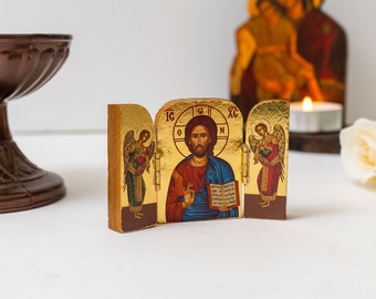 Triptychon kleine Holzikone mit Jesus Christus dem Segen und Erzengeln, griechisch-orthodoxe Ikone, Wohndekoration, orthodoxes Geschenk