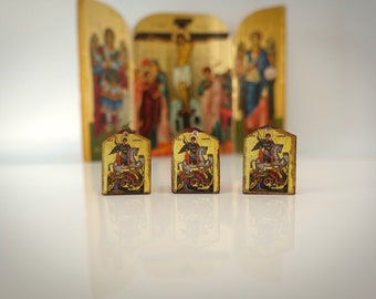 Tiny icon Saint George 3pcs - Wood  Byzantine Christian  Tiny Orthodox Icon amazing idea to make orthodox Christians gifts
