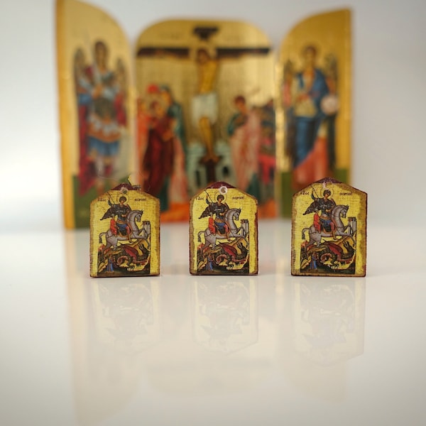 Klein icoon Sint-Joris 3 stuks - Hout Byzantijns christelijk Klein orthodox icoon geweldig idee om orthodoxe christenen cadeaus te maken