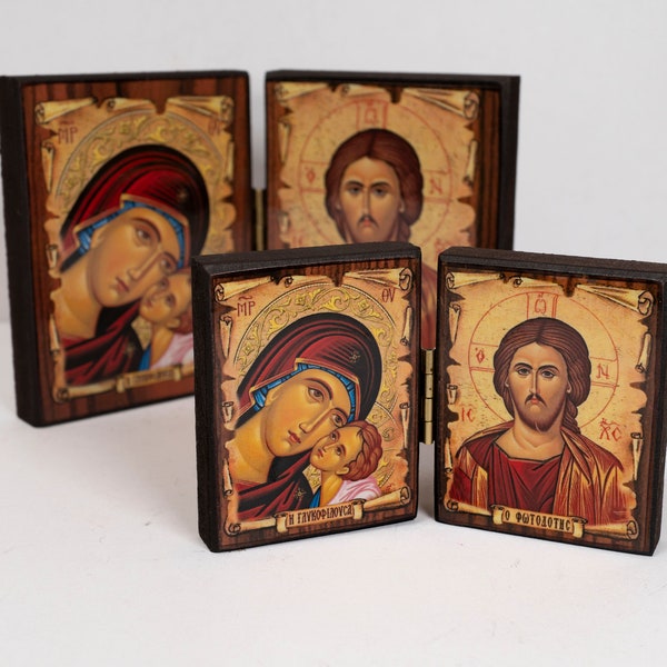 Diptych wooden Icon with the Bust of  Virgin Mary  and  Jesus Christ the Blessing. Greek Orthodox Icon , Home Decor,Orthodox Gift.