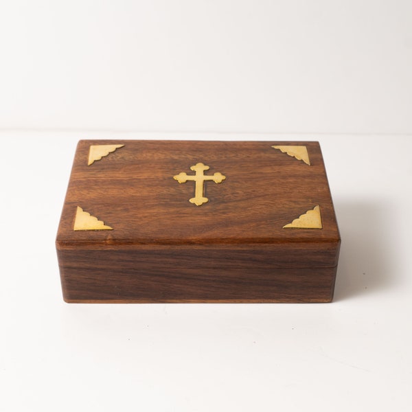 Handmade wooden Box with Christian Brass Cross and elements - Decorative box - Rustic wood box - Jewelry box