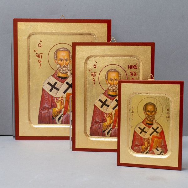 Saint Nikolaus griechisch kyrillische Ikone von St. Nick, byzantinische Kunst Wandbehang Ikone auf Holztafel, religiöses Geschenk