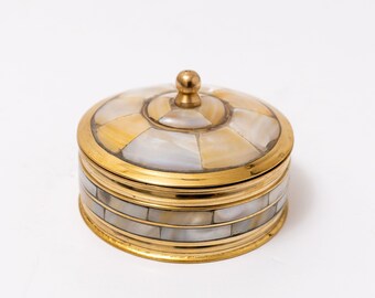 Round brass box with mother of pearl (Sea shell) - Jewelry,incense,wicks box a perfect Christian Gift