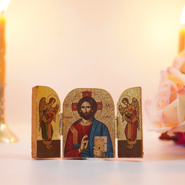 Triptych small  wooden Icon with  rhe Jesus Christ and Archangels, Greek Orthodox Icon , Home Decor,Orthodox Gift