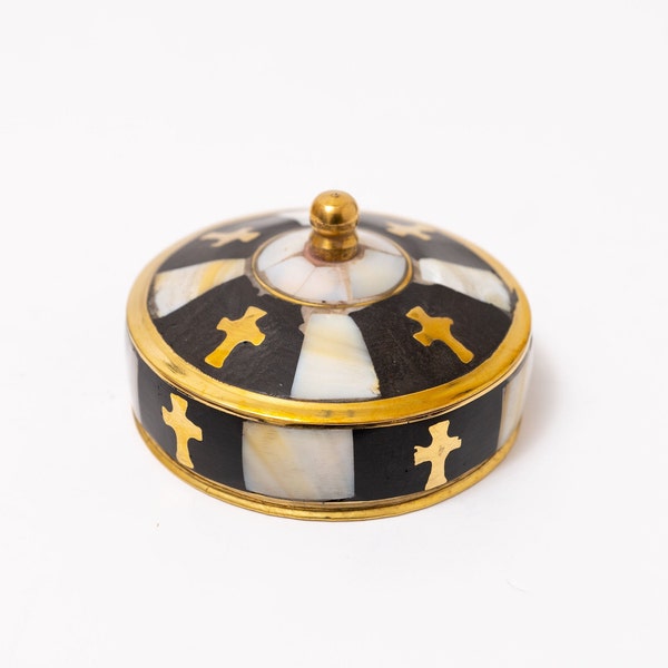 Round brass box with mother of pearl (Sea shell) - Jewelry box a perfect Christian Gift