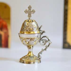Incense Burner Handmade - Perfume burner - Thurible Censer Silver Gold Metal Little Church with handle Christian  With free Gifts