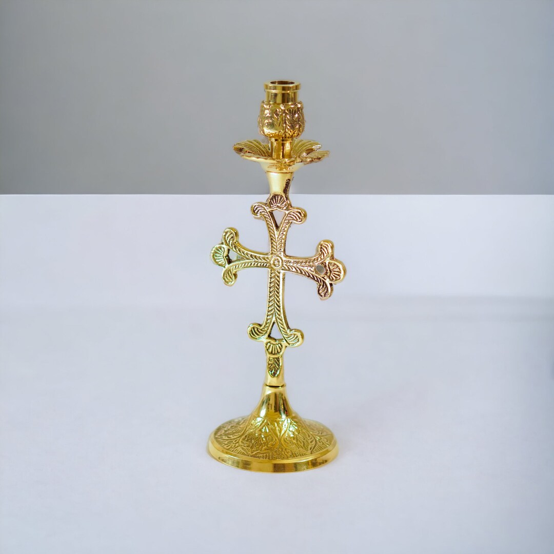 Brass Carved Candlestick Candle Holder With Cross Hand Made Brass