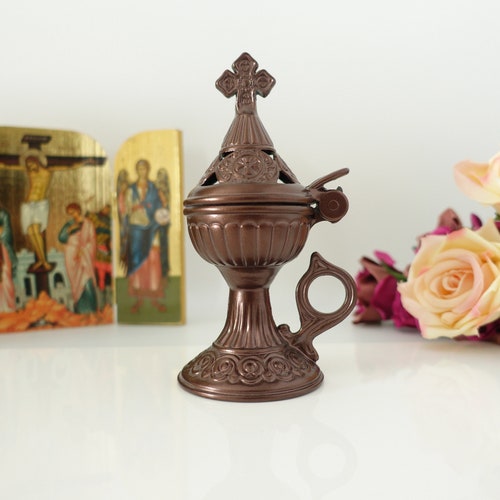 Incense Burner - Thurible Censer brown Metal Little Church with handle  Christian Artefact With free Gifts