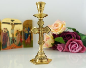 Brass Candlestick Candle Holder with cross Hand made brass candle holder 100% Authentic beatiful candle holder a perfect Christian  Gift
